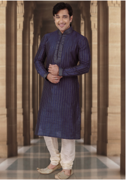 Navy Blue Color Dupion Fabric Kurta Set